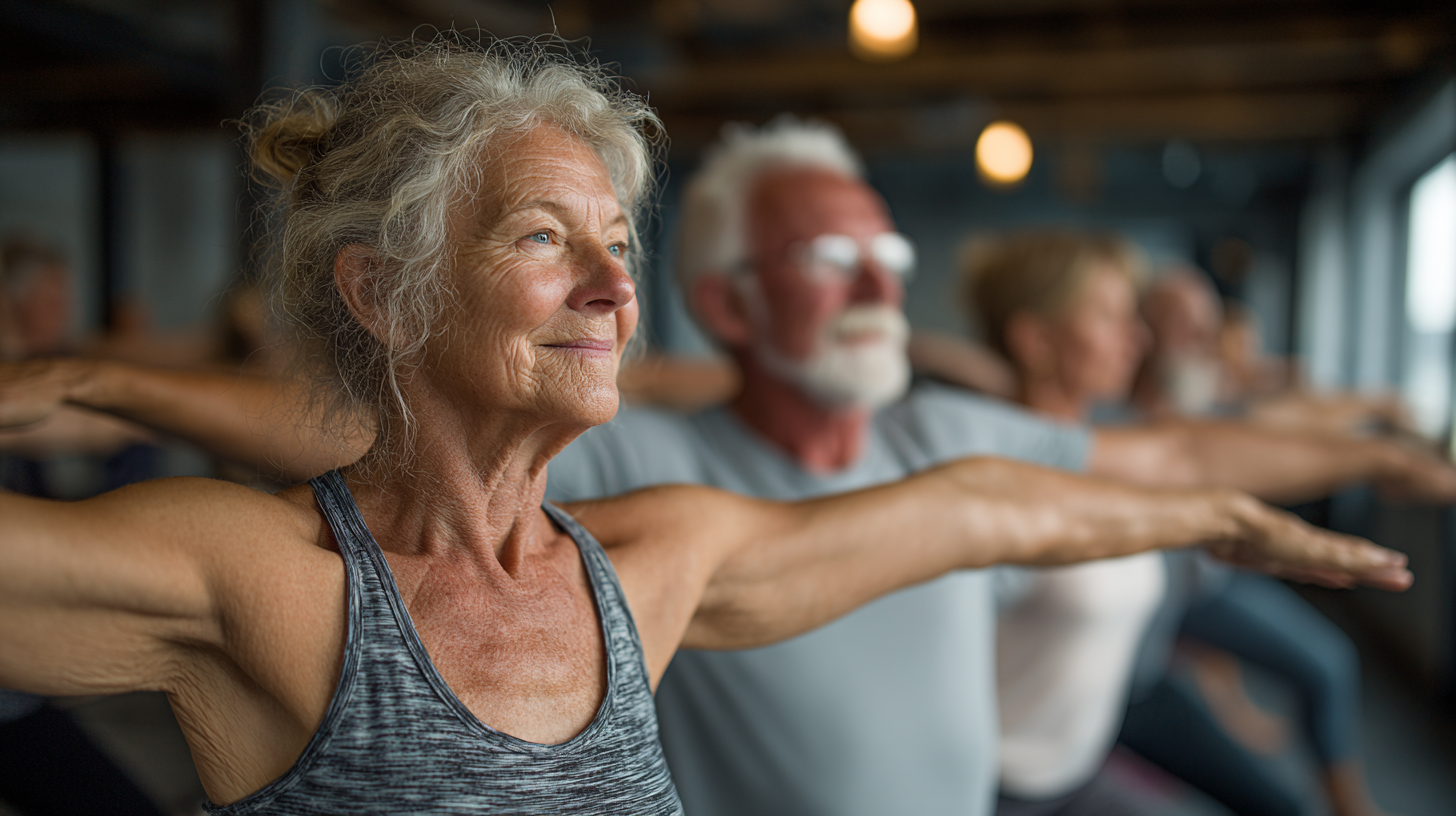 Група людей зрілого віку після заняття йогою
